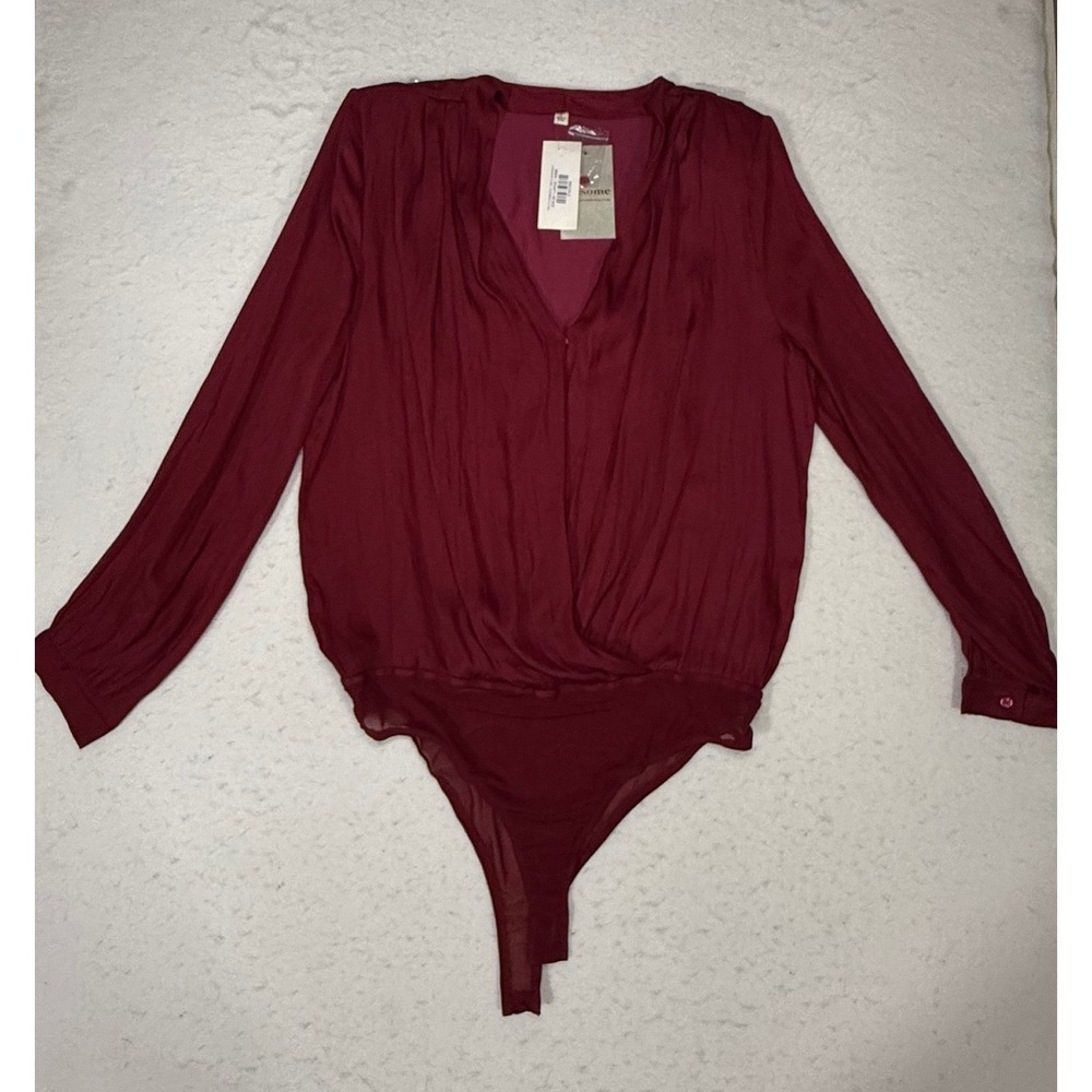 Ee:some Women Wine Red Comeback V-Neck Long Sleeve Wrap Bodysuit Large NWT